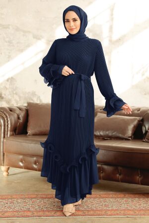 Neva Style - Pileli Lacivert Tesettür Elbise 3856L - 1