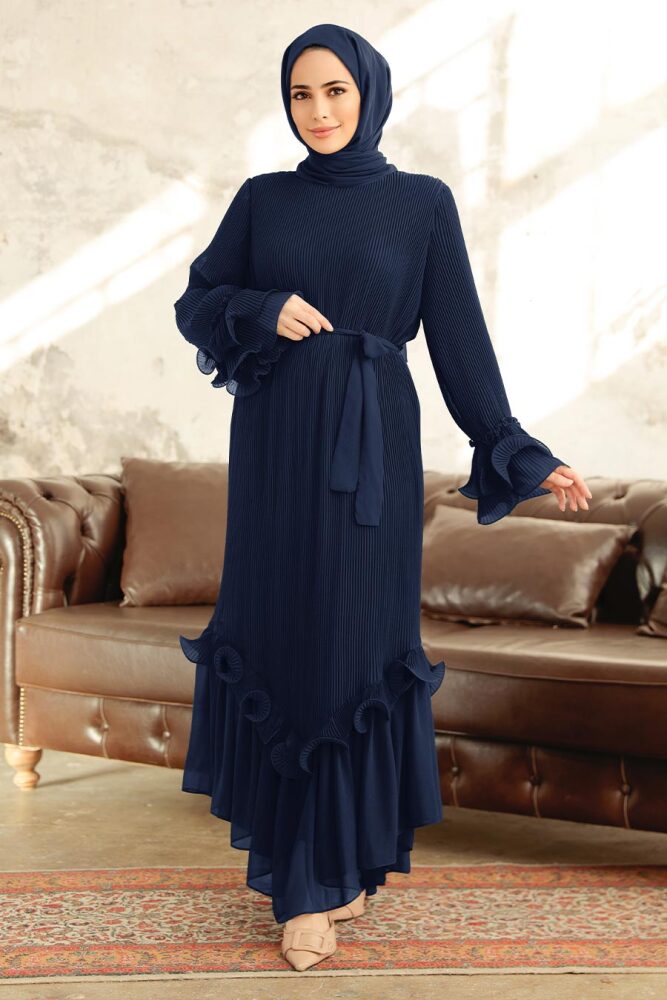 Neva Style - Pileli Lacivert Tesettür Elbise 3856L - 1