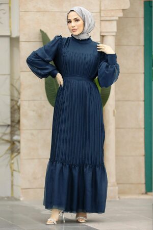 Neva Style - Pileli Lacivert Tesettür Elbise 39651L - 1