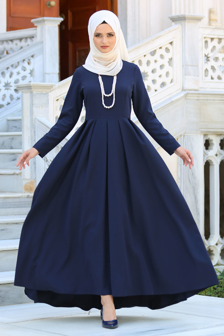 Neva Style - Pileli Lacivert Tesettür Elbise 41100L