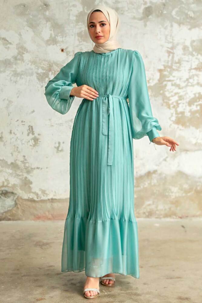Neva Style - Pileli Mint Tesettür Elbise 3747MINT - 2
