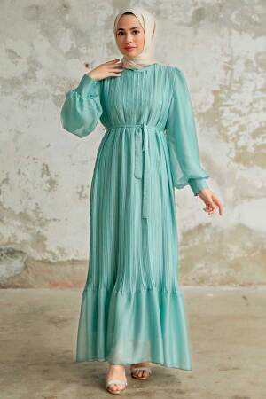 Neva Style - Pileli Mint Tesettür Elbise 3747MINT - 1
