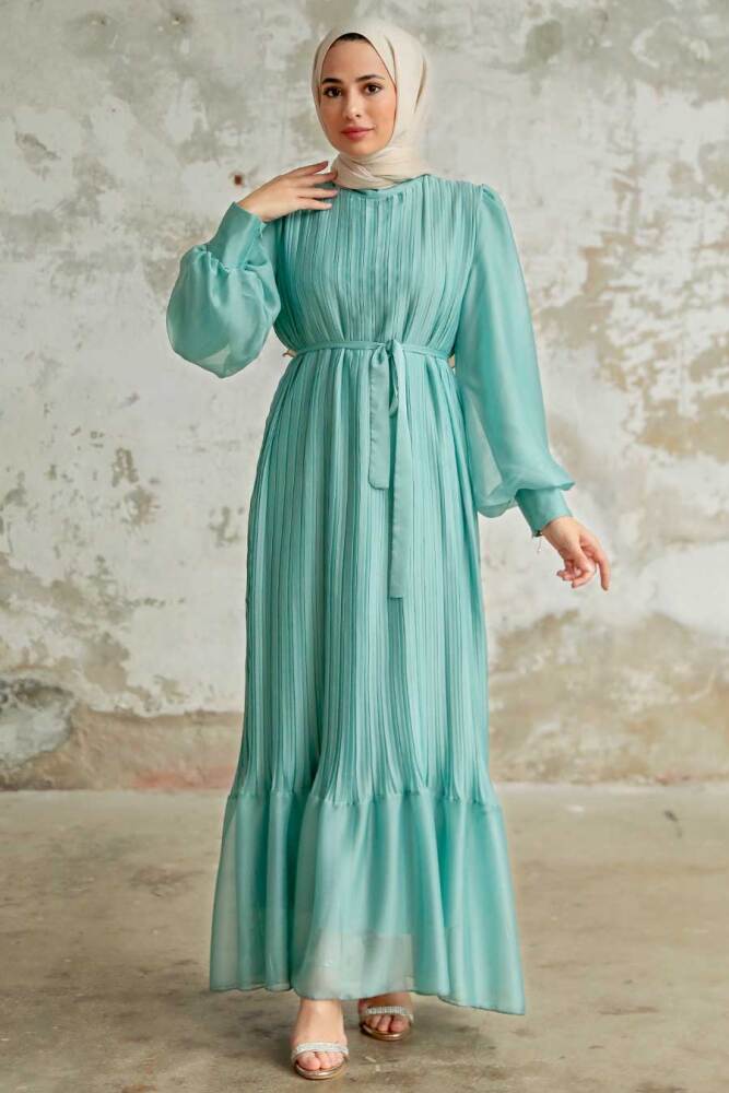 Neva Style - Pileli Mint Tesettür Elbise 3747MINT - 1