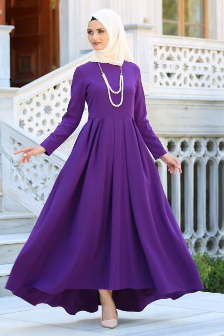 Neva Style - Pileli Mor Tesettür Elbise 41100MOR