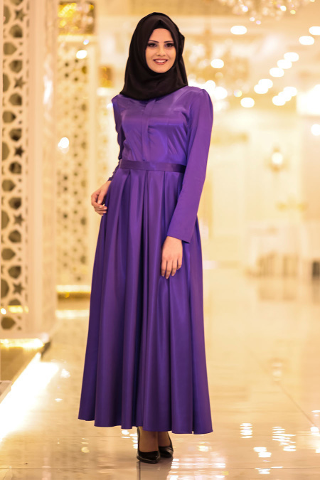 Neva Style - Pileli Mor Tesettür Elbise 41330MOR