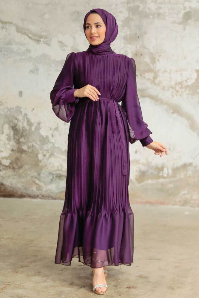 Neva Style - Pileli Mürdüm Tesettür Elbise 3747MU - 2