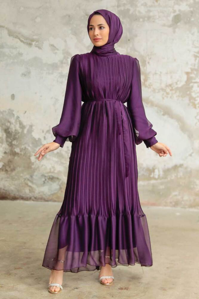 Neva Style - Pileli Mürdüm Tesettür Elbise 3747MU - 3