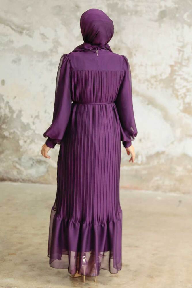 Neva Style - Pileli Mürdüm Tesettür Elbise 3747MU - 4