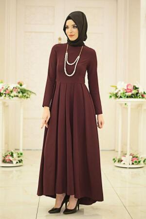 Neva Style - Pileli Mürdüm Tesettür Elbise 41100MU - 1