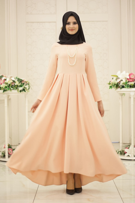 Neva Style - Pileli Pudra Tesettür Elbise 41100PD