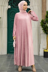 Neva Style - Pileli Pudra Tesettür Kadife Elbise 1287PD - Thumbnail