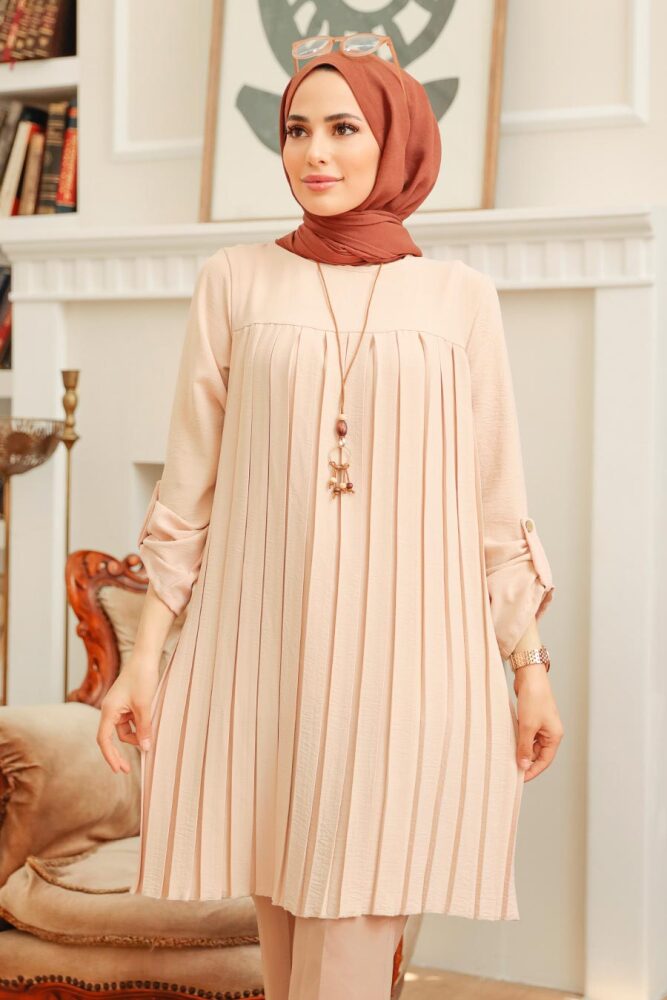 Neva Style - Pileli Pudra Tesettür Tunik 40502PD - 1