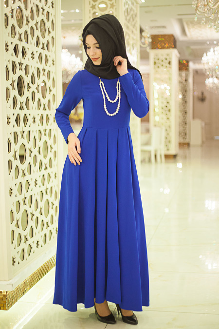 Neva Style - Pileli Saks Mavi Tesettür Elbise 41100SX