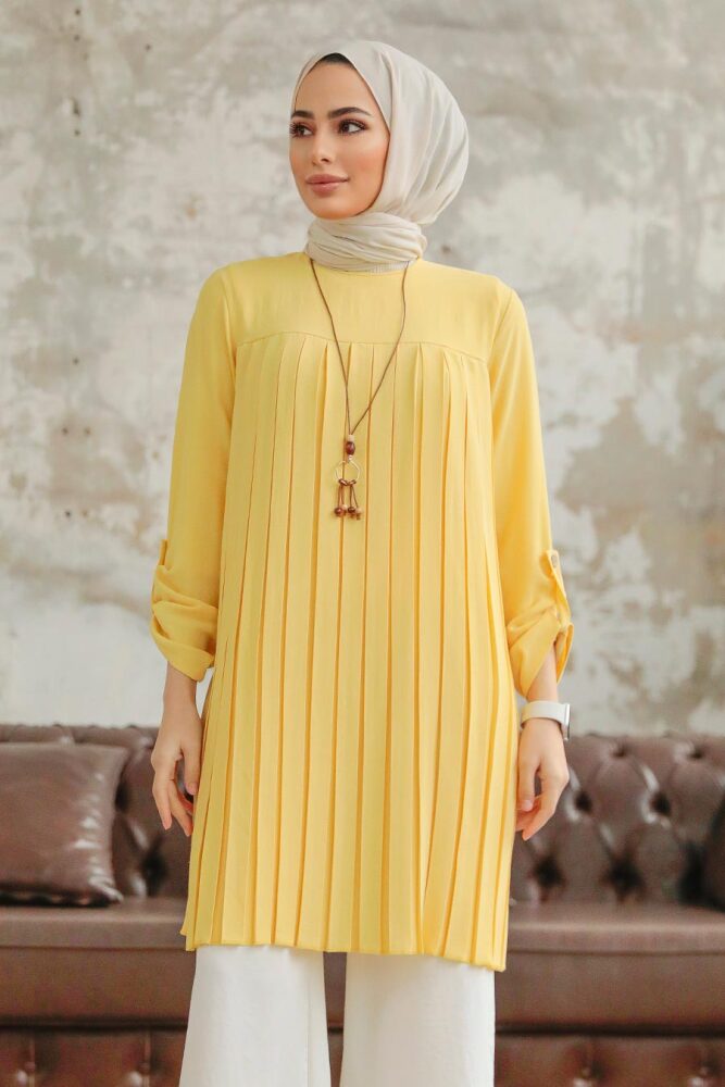 Neva Style - Pileli Sarı Tesettür Tunik 40502SR - 2