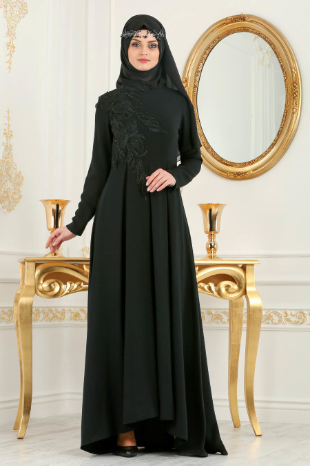 Neva Style - Pileli Siyah Tesettür Abiye Elbise 3520S