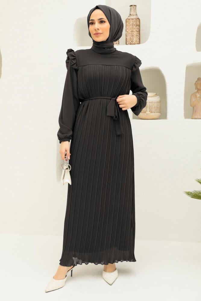 Neva Style - Pileli Siyah Tesettür Elbise 1199S - 1