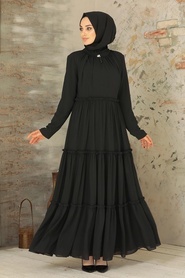 Neva Style - Pileli Siyah Tesettür Elbise 2746S - Thumbnail