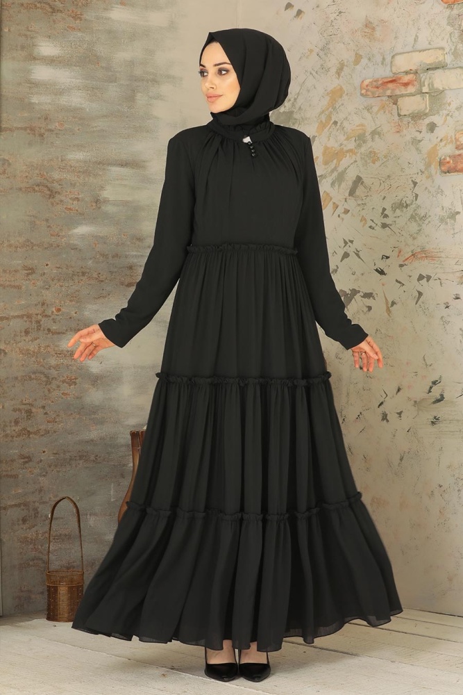 Neva Style - Pileli Siyah Tesettür Elbise 2746S - 1