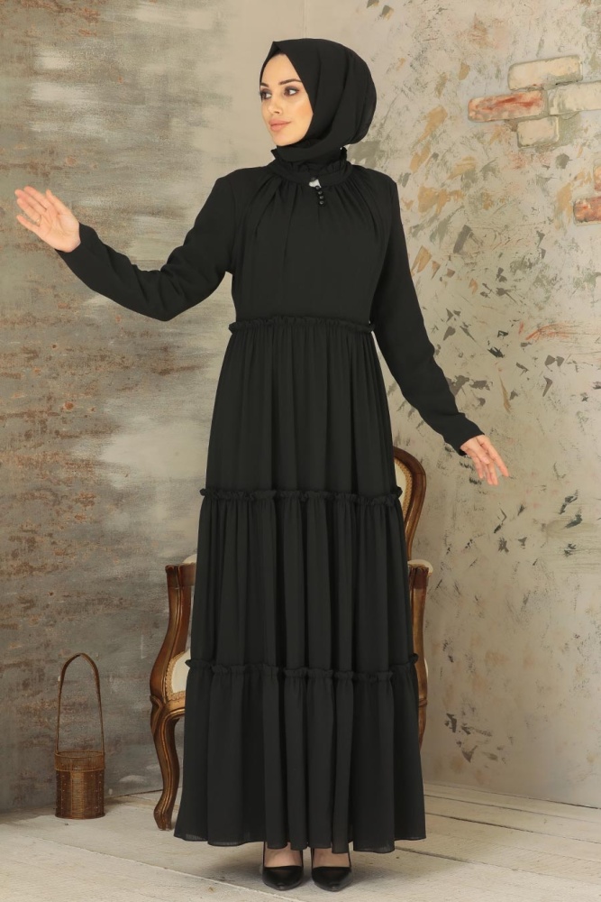 Neva Style - Pileli Siyah Tesettür Elbise 2746S - 2