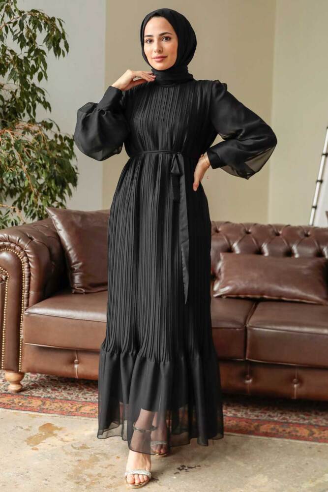 Neva Style - Pileli Siyah Tesettür Elbise 3747S - 1