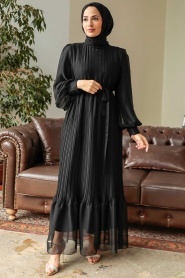 Neva Style - Pileli Siyah Tesettür Elbise 3747S - Thumbnail