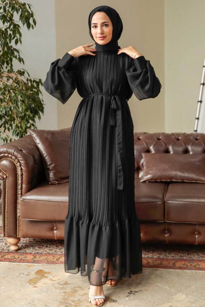 Neva Style - Pileli Siyah Tesettür Elbise 3747S - 2