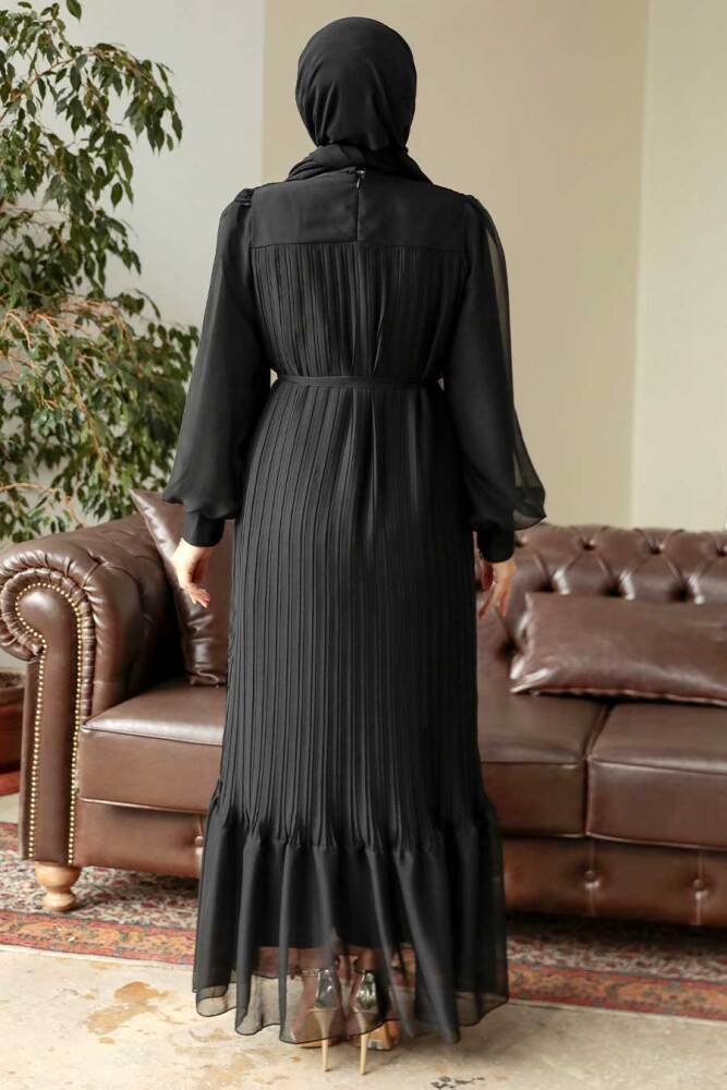 Neva Style - Pileli Siyah Tesettür Elbise 3747S - 4