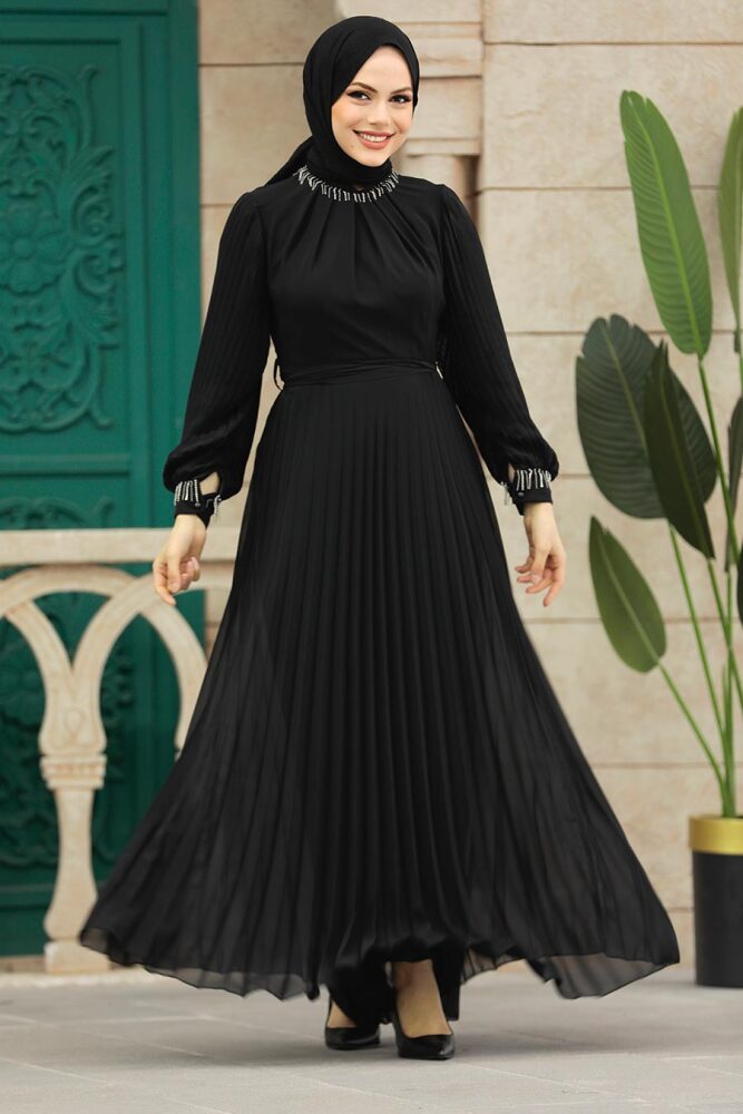 Neva Style - Pileli Siyah Tesettür Elbise 38510S - 1