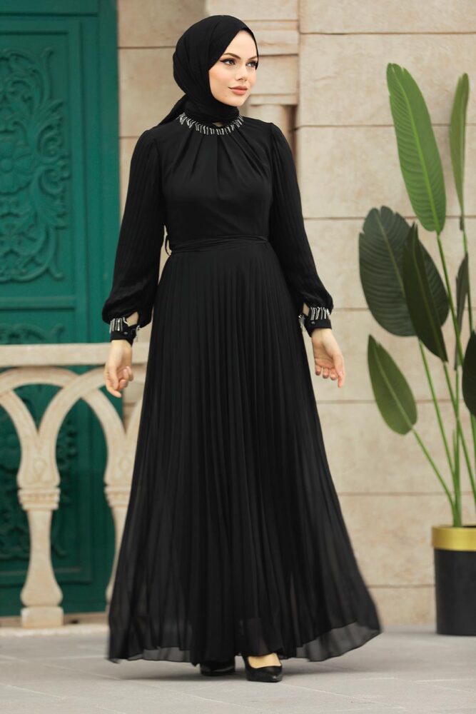 Neva Style - Pileli Siyah Tesettür Elbise 38510S - 2