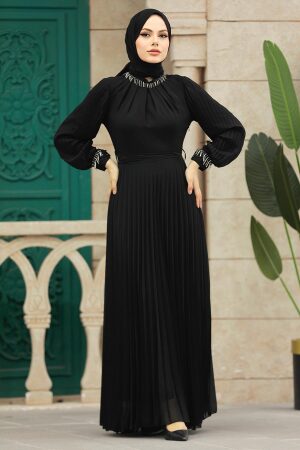 Neva Style - Pileli Siyah Tesettür Elbise 38510S - 3