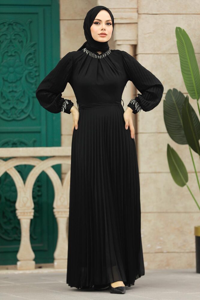 Neva Style - Pileli Siyah Tesettür Elbise 38510S - 3