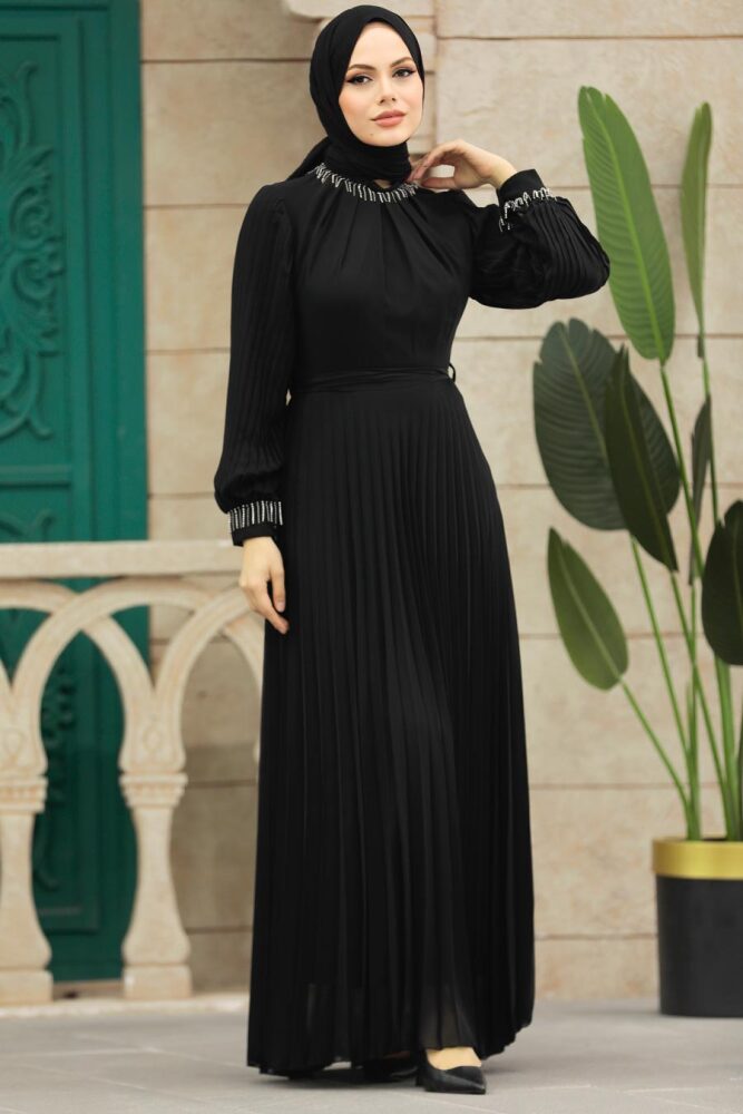 Neva Style - Pileli Siyah Tesettür Elbise 38510S - 4