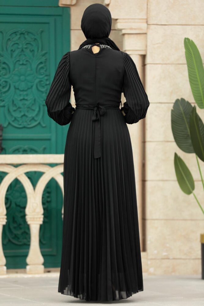 Neva Style - Pileli Siyah Tesettür Elbise 38510S - 5