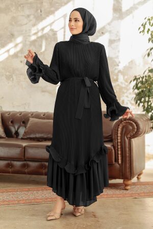 Neva Style - Pileli Siyah Tesettür Elbise 3856S - 1