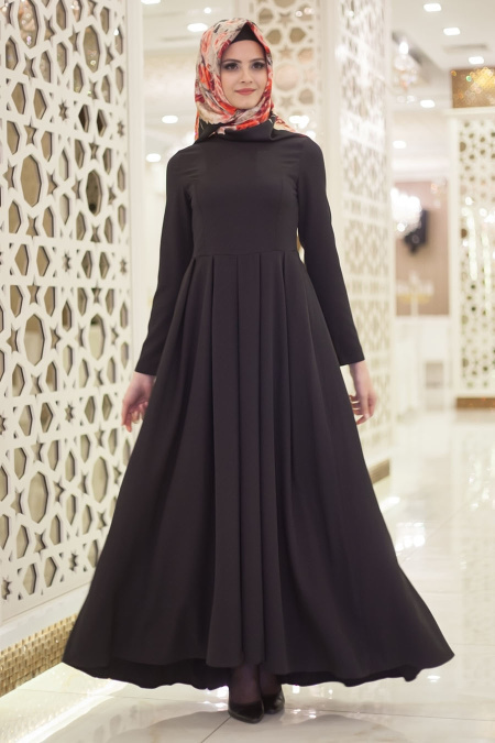 Neva Style - Pileli Siyah Tesettür Elbise 41100S