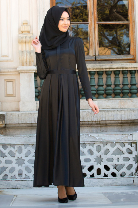 Neva Style - Pileli Siyah Tesettür Elbise 41330S