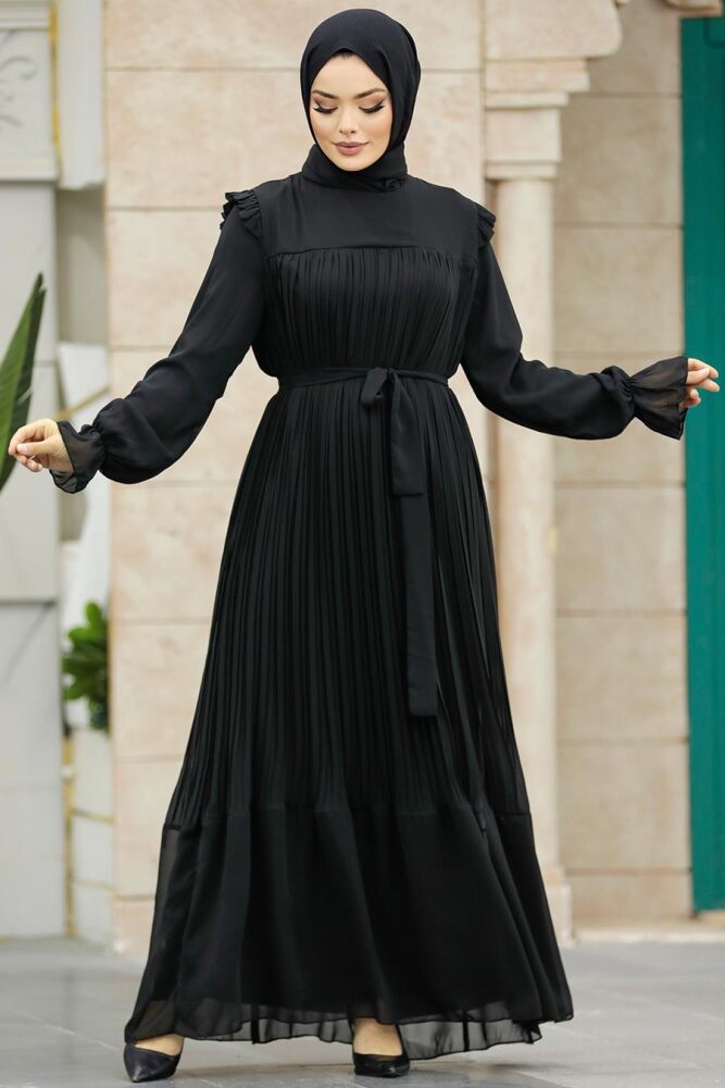 Neva Style - Pileli Siyah Tesettür Elbise 51634S - 1