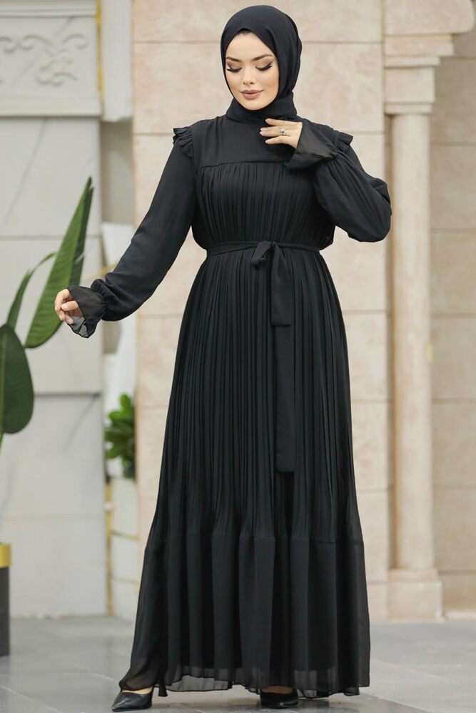 Neva Style - Pileli Siyah Tesettür Elbise 51634S - 2