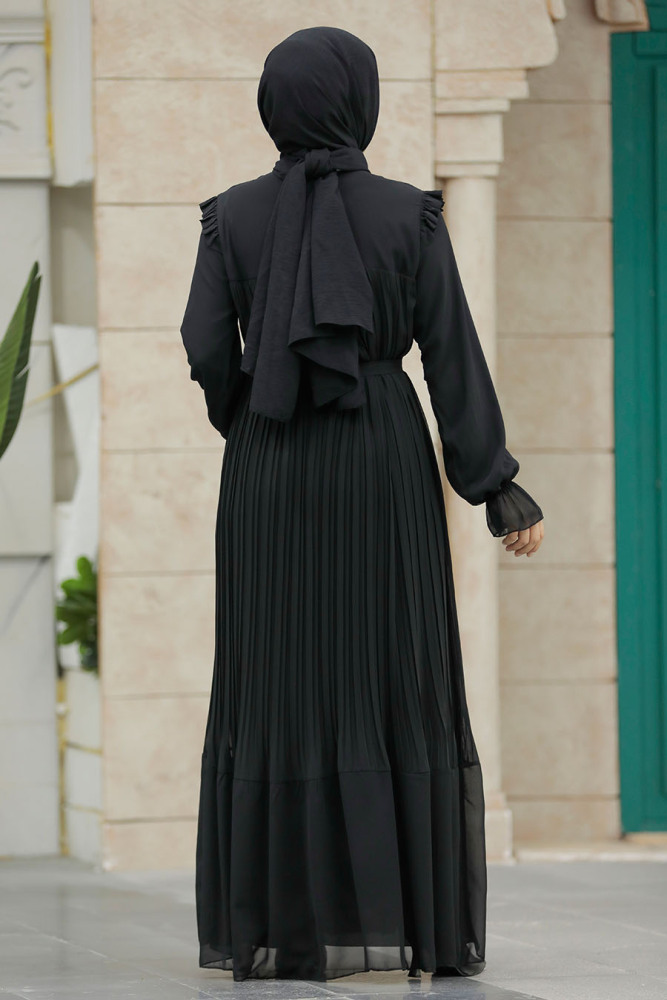 Neva Style - Pileli Siyah Tesettür Elbise 51634S - 3