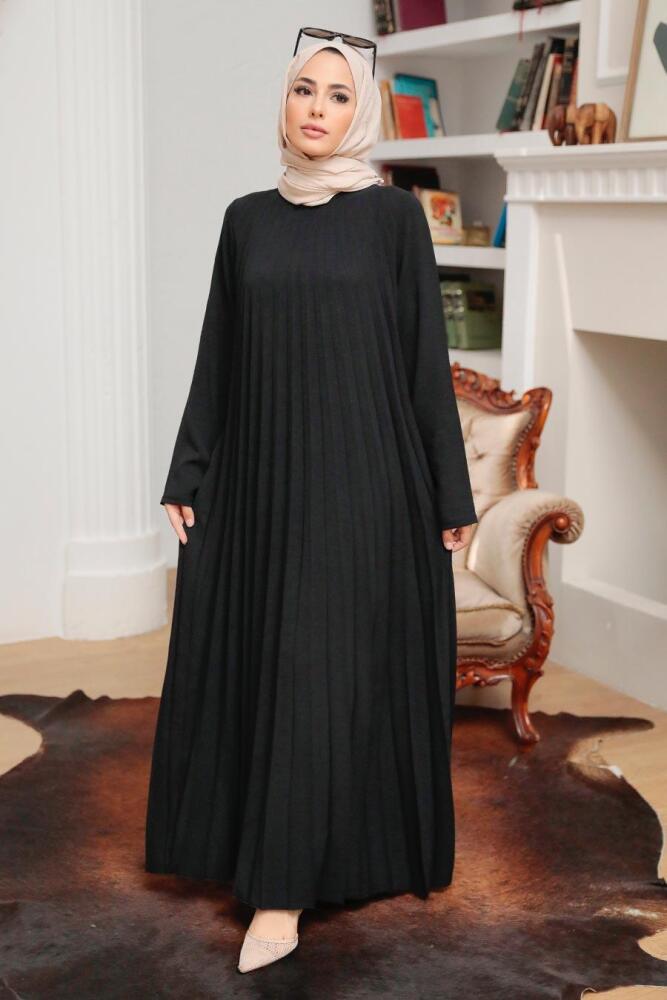 Neva Style - Pileli Siyah Tesettür Elbise 76840S - 1