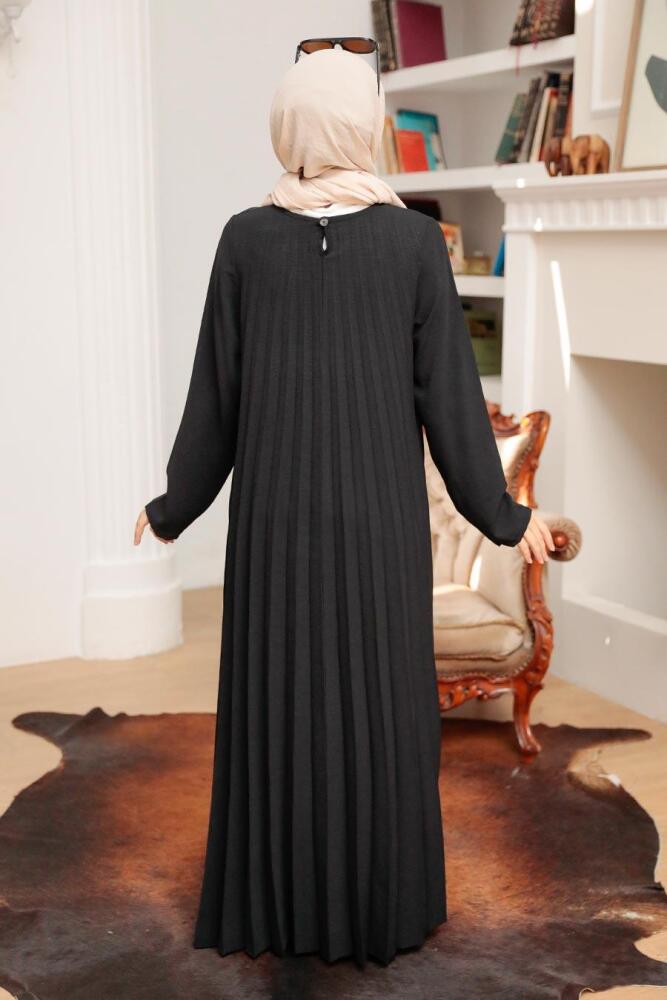 Neva Style - Pileli Siyah Tesettür Elbise 76840S - 2