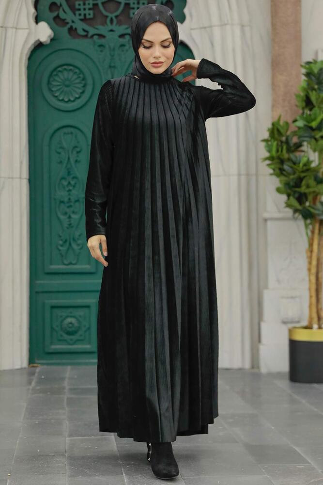 Neva Style - Pileli Siyah Tesettür Kadife Elbise 1287S - 1