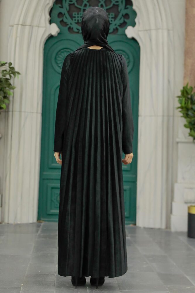 Neva Style - Pileli Siyah Tesettür Kadife Elbise 1287S - 3