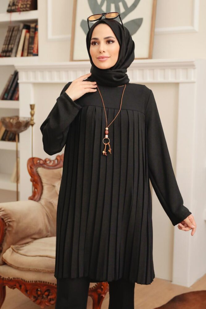 Neva Style - Pileli Siyah Tesettür Tunik 40502S - 1
