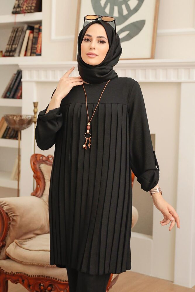Neva Style - Pileli Siyah Tesettür Tunik 40502S - 2