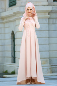 Neva Style - Pileli Somon Tesettür Abiye Elbise 3520SMN - Thumbnail