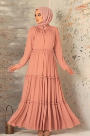 Neva Style - Pileli Somon Tesettür Elbise 2746SMN - Thumbnail
