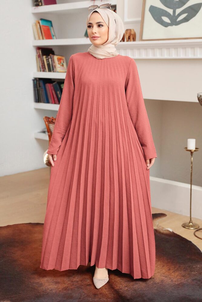 Neva Style - Pileli Somon Tesettür Elbise 76840SMN - 1