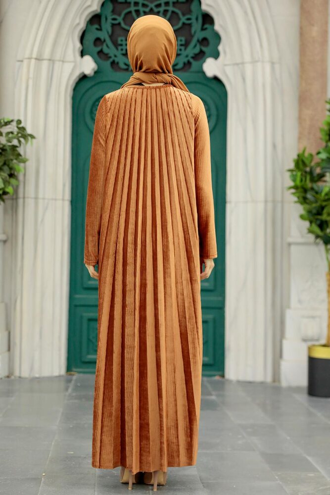  Pileli Taba Tesettür Kadife Elbise 1287TB - 3