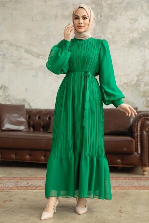 Neva Style - Pileli Yeşil Tesettür Elbise 3747Y - 3